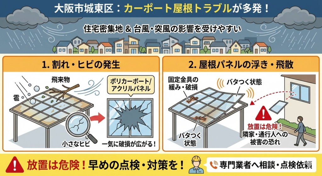 大阪市城東区で多いカーポート屋根のトラブル